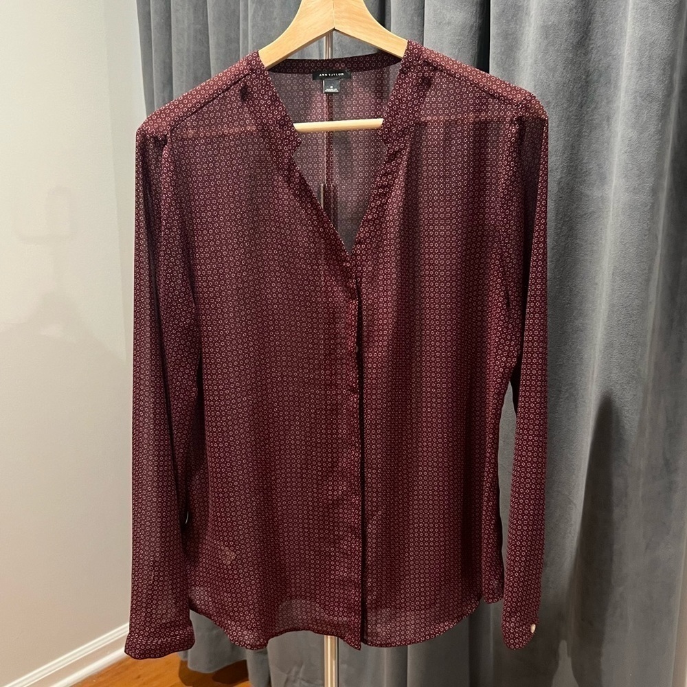 Ann Taylor sheer maroon burgundy button down shirt
